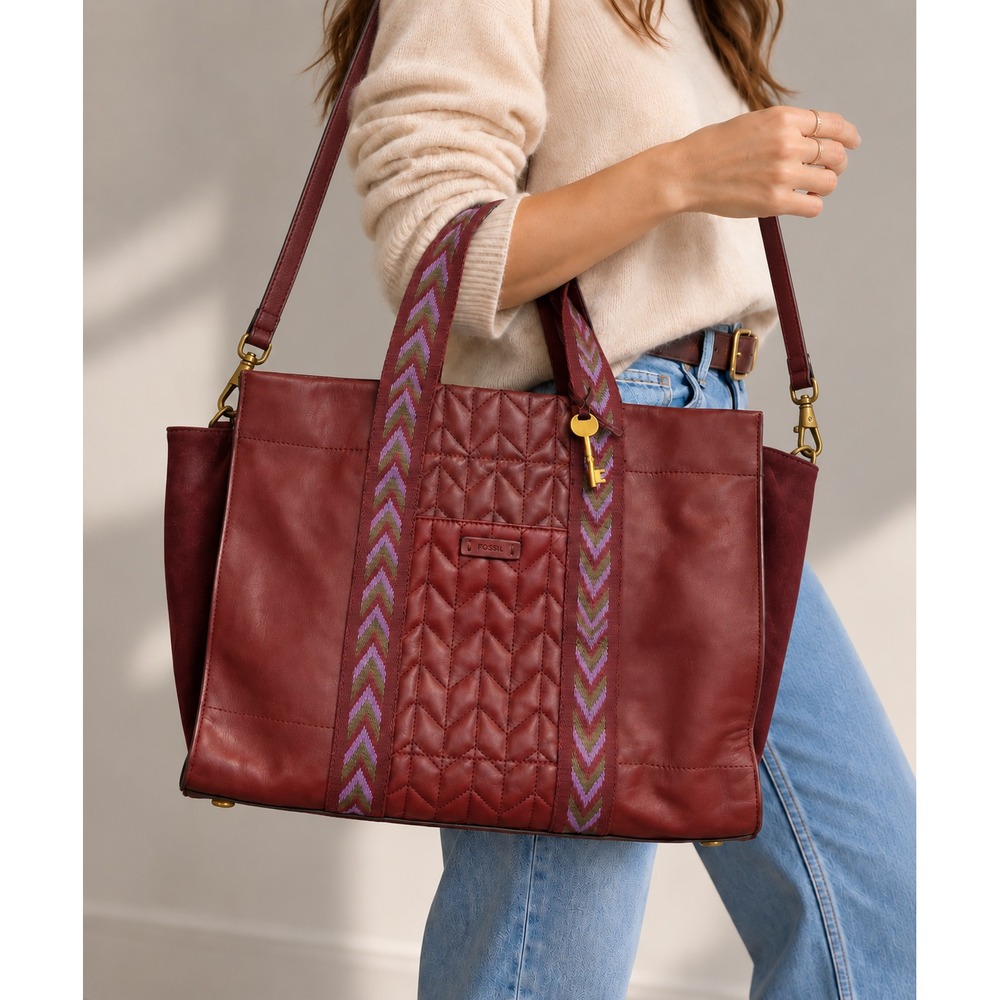 Fossil Carmen Tote Burgundy Quilted Leather Handbag Crossbody Wine Shoulder Bag